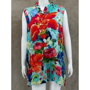 Ali Miles Top Womens 2X Red Blue Floral Sleeveless Button Up Tunic Pockets Artsy